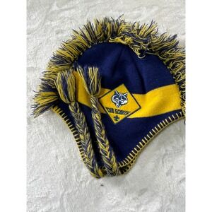 Official BSA Cub Scout Wolf Mohawk Winter Beanie Hat Earflap Tassels Youth Blue